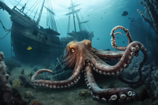 Octopus kraken with tentacles wrapped around sunken shipwreck created with generative ai