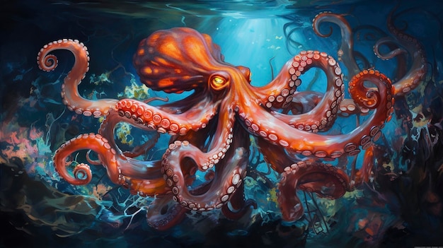 Octopus neon oil paintings thick brushstrokes