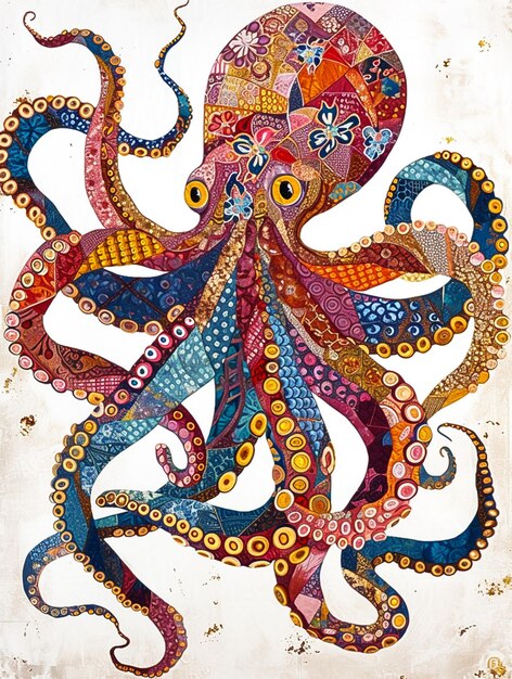 Photo octopus painting on canvas with colorful patterns and a white background