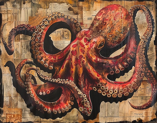 Photo octopus on a piece of newspaper with a black frame