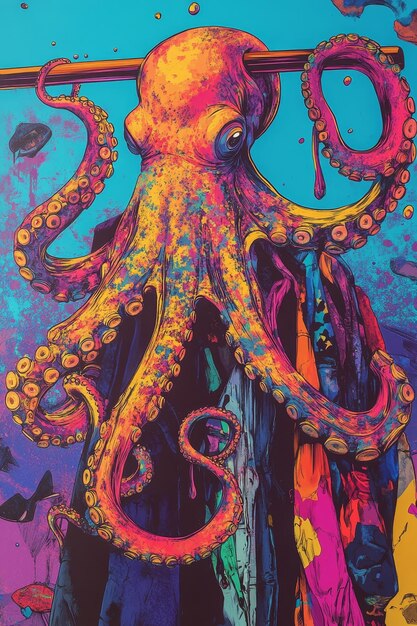 Photo octopus in the sea colorful oil painting on canvas