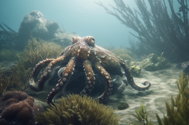 Octopus on the seabed with a blue background