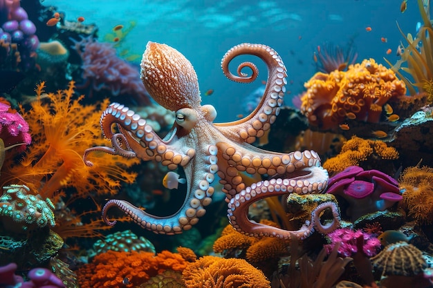 Octopus Sitting on Colorful Coral Reef