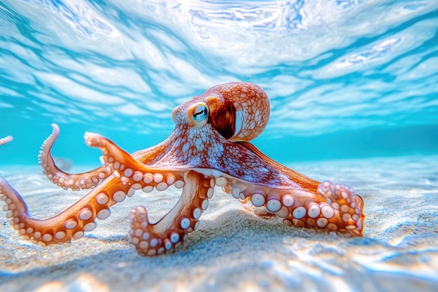 Photo an octopus swimming in clear blue water under bright daylight