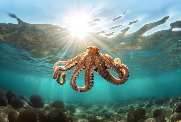 An octopus in the water with the sun shining on it