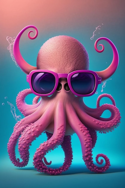 Octopus wearing sunglasses and a pink hat with nose generative ai