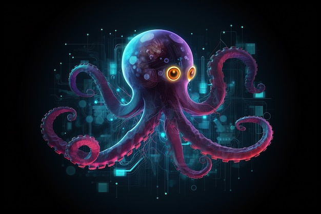 An octopus with light that is in the digital world on a dark background Sea animals illustration generative AI