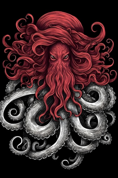 octopus with long hair 1950 illustration vector art black background