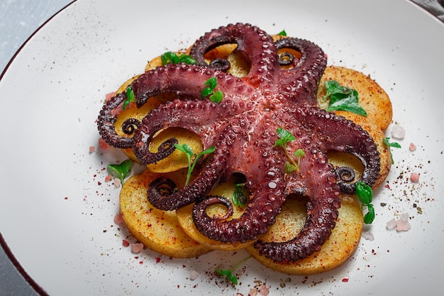 Octopus with potatoes and spices on a light plate top view no people homemade closeup