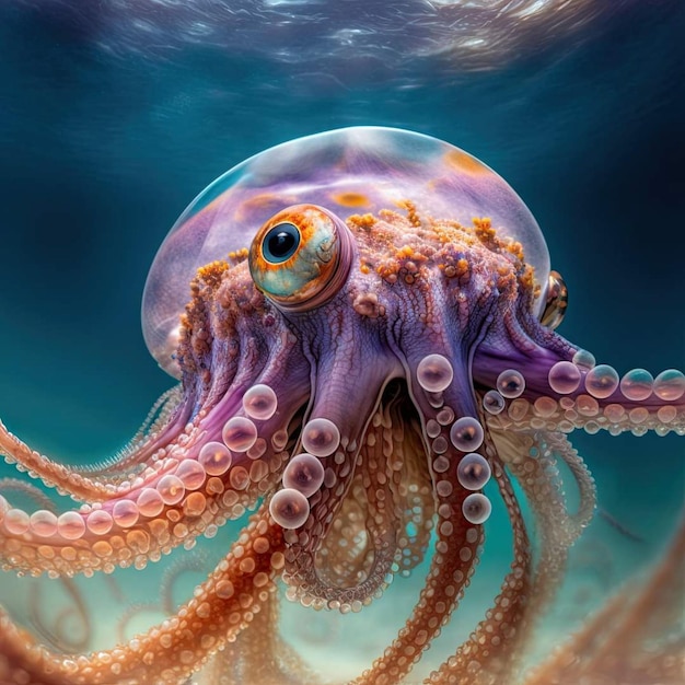 An octopus with purple eyes and orange eyes is on the bottom of a seabed.