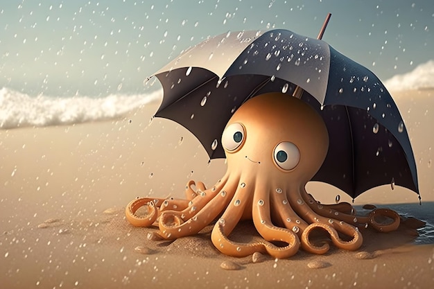 An octopus with an umbrella is under it in the rain.