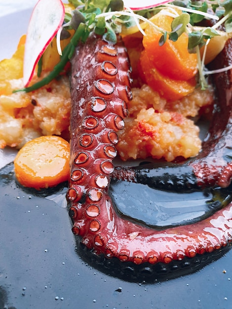 Octopus with vegetables with cuttlefish ink