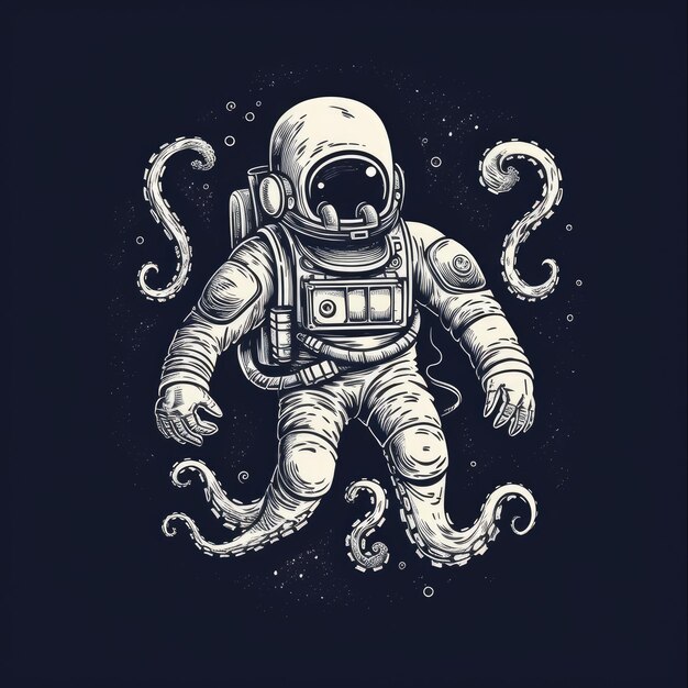 octospaceman Vector tshirt desing mockup tattoo sticker poster wallpaper retro vintage illustration