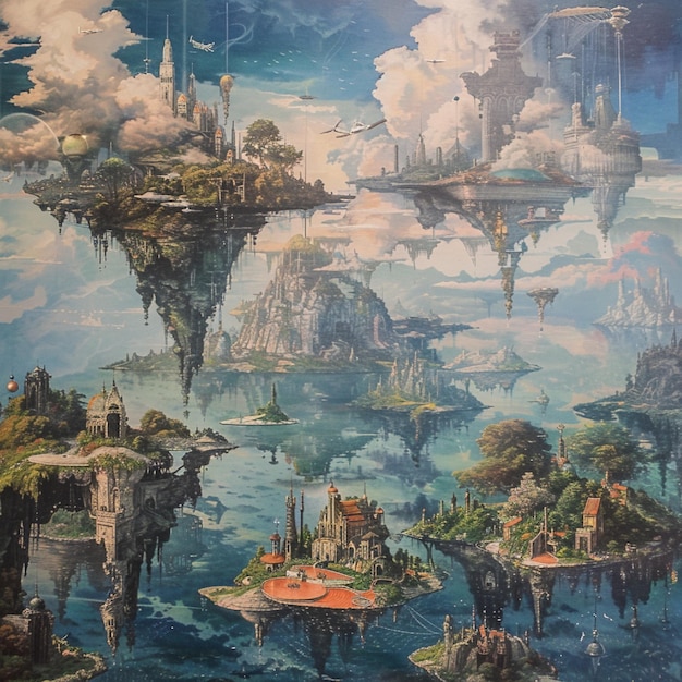 An odd dreamscape with drifting islands and incredible scenes