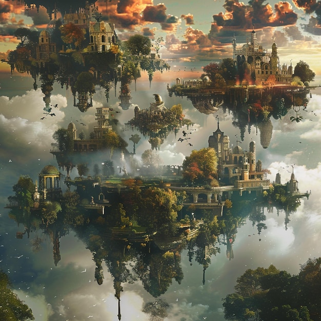 An odd dreamscape with floating islands and unfathomable scenes