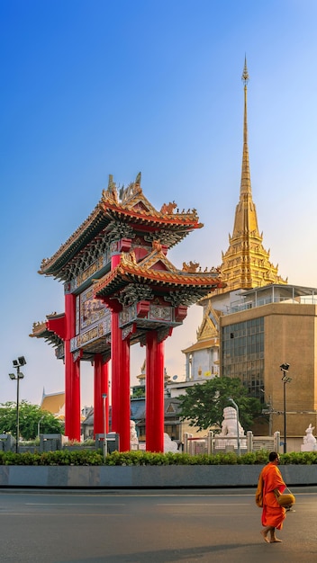 The Odean Circle at sunrise located at the start of Yaowarat Road is a notable landmark in Bangkok