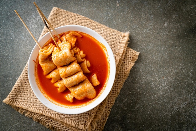 Odeng Korean fish cake skewer in Korean spicy soup