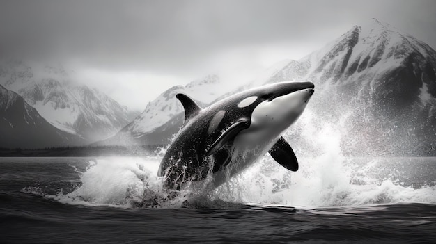 Off the Coastal Waters the Orca Surfaces Playfully Engaging with the Waves