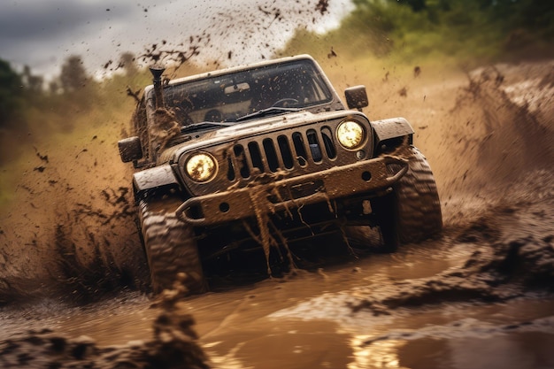 Off Road Vehicle Coming out of a Mud Hole Hazard Mud Splash in OffRoad Racing Generative AI Illustration