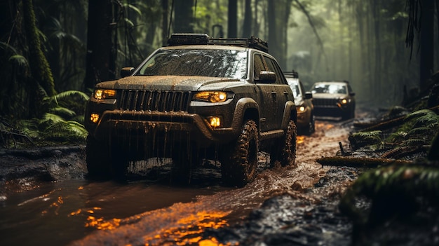 off road vehicle driving down a muddy road with birds flying overhead generative ai