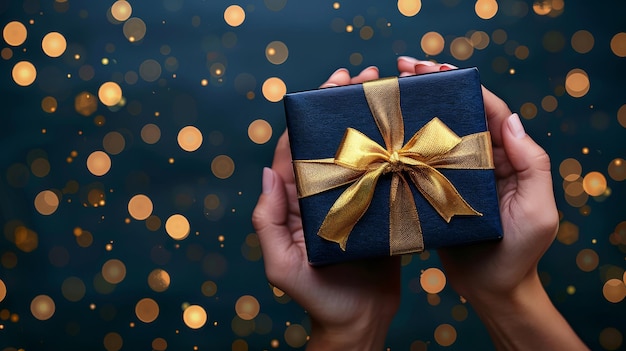 Offering of a gift with golden bow against a backdrop of twinkling lights