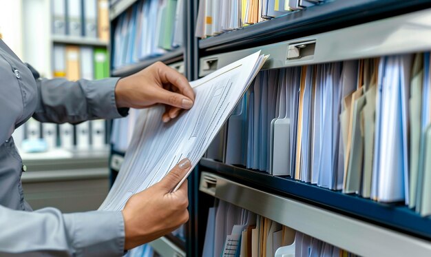 Photo office administrator organizing paperwork in a filing cabinet