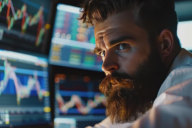 In the office a bearded man is analyzing index charts on multiple computer screens This image high