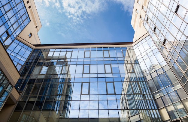 Office building close up with large glass windows