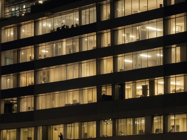 Office building with many window from outside in the night