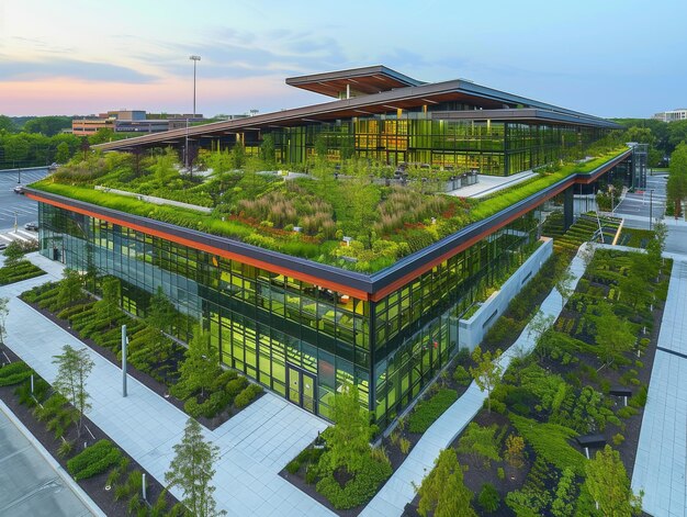 An office building with a sprawling green roof that serves as an innovative space for collaboration