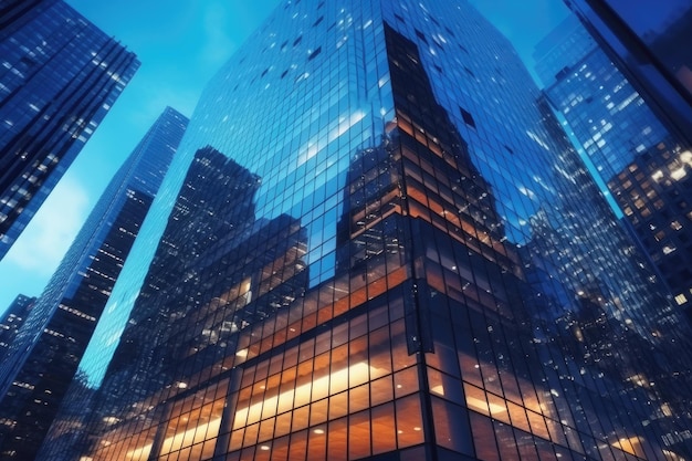 Office buildings in financial district with night lights and sky reflected on modern glass walls of skyscrapers Generative AI