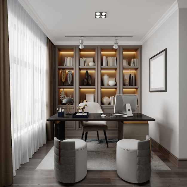 Office cabinet with cabinet shelves with office decor and work desk and two side chairs in contemporary style 3D rendering