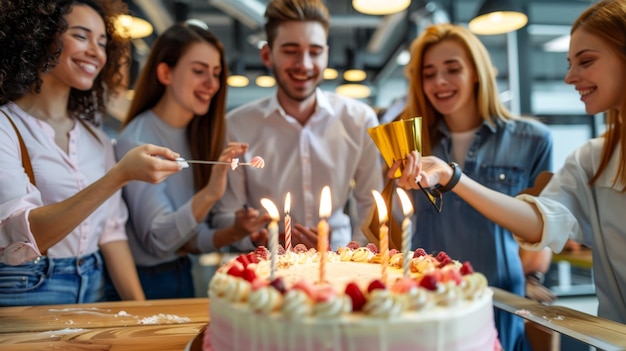 Office celebration with a cake for a recordbreaking sales quarter