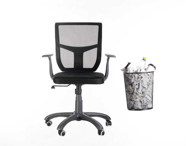 office chair and trash can isolated on white background