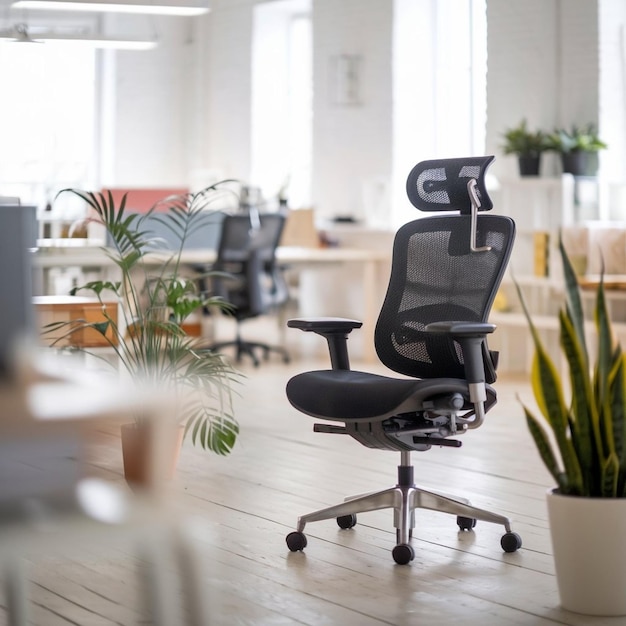 Photo an office chair with a plant in the corner of it