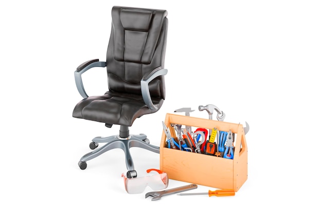 Office chair with toolbox Service and repair of office chair 3D rendering