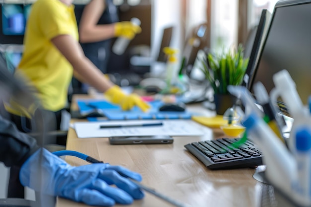 Photo office cleaning with blue gloves