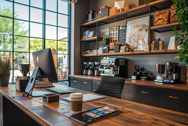 Photo office coffee station with barista equipment