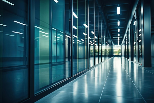 an office corridor with a glass wall in the style of lensbaby effect