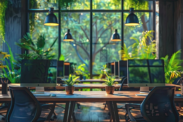 Office coworking interior with pc computers on tables in row panoramic window