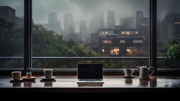 An office desk positioned by a large window with raindrops and an overcast sky