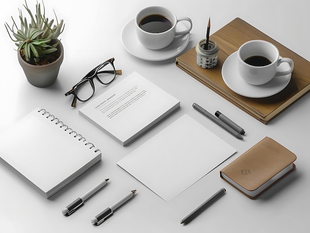 Office Desk Still Life with White Notebook Pens Coffee Cups and Glasses Illustration