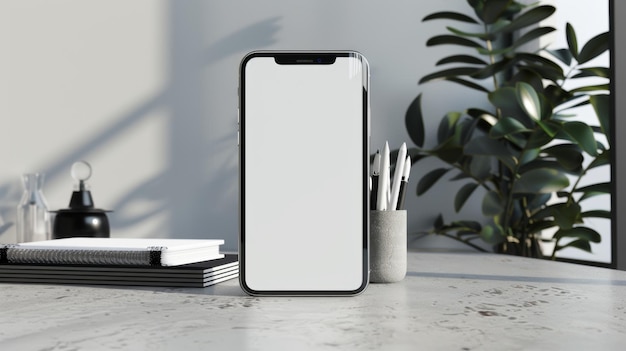 Office desk table with blank screen smart phone