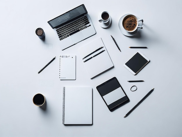 Office desk table with computer supplies analysis chart calculator pen and cup of coffee Top vi