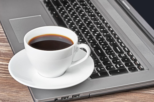 Office desk table with laptop and coffee cup