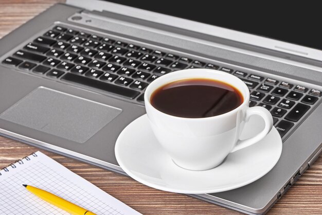 Office desk table with laptop and coffee cup