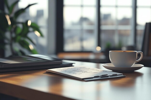 Office desk with a cup of coffee and planner