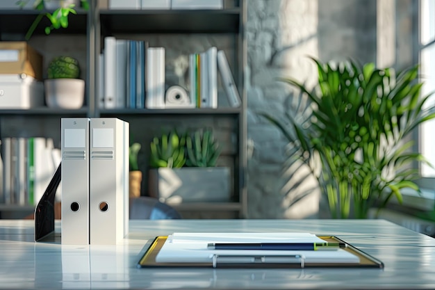 Office desk with a desk organizer and files