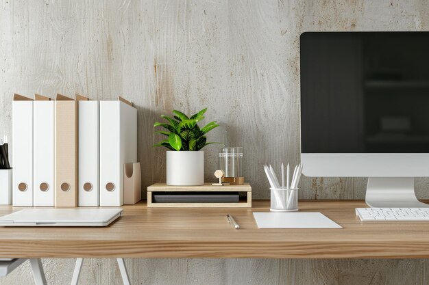 Office desk with a desk organizer and files