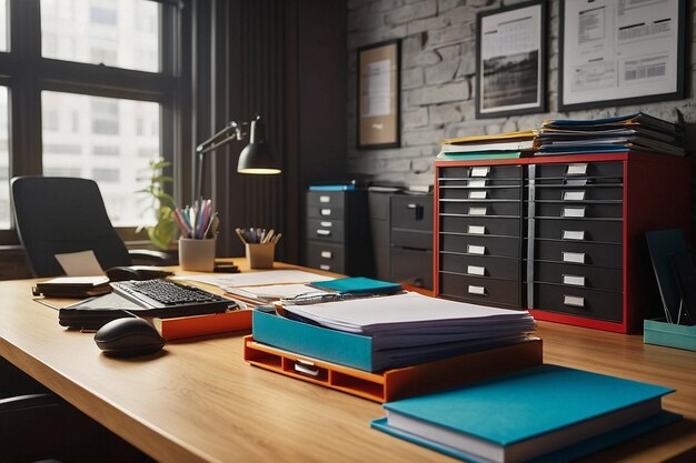 Photo office desk with a filing system and files